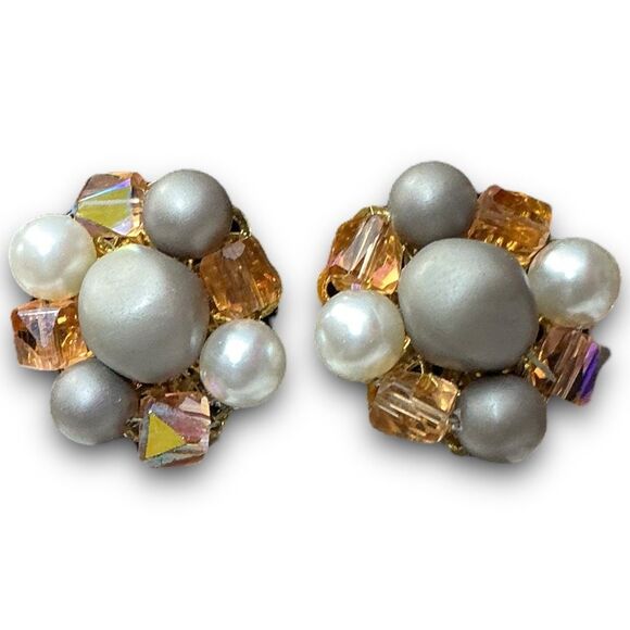 Vintage Classy Gold Toned Brown Garnet Burnt Orange Beaded Grey & Pearl Crystal - Picture 9 of 9